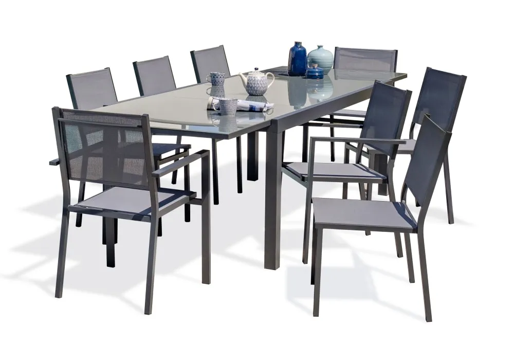 Ensemble repas 8 places en aluminium et plateau verre