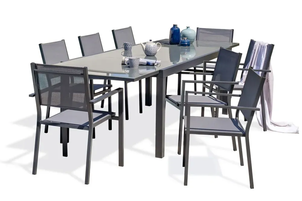 Ensemble repas 8 places en aluminium et plateau verre