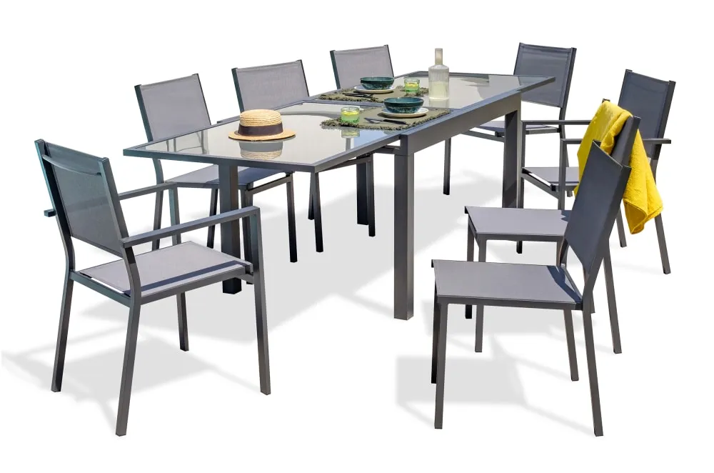 Ensemble repas 8 places en aluminium et plateau verre