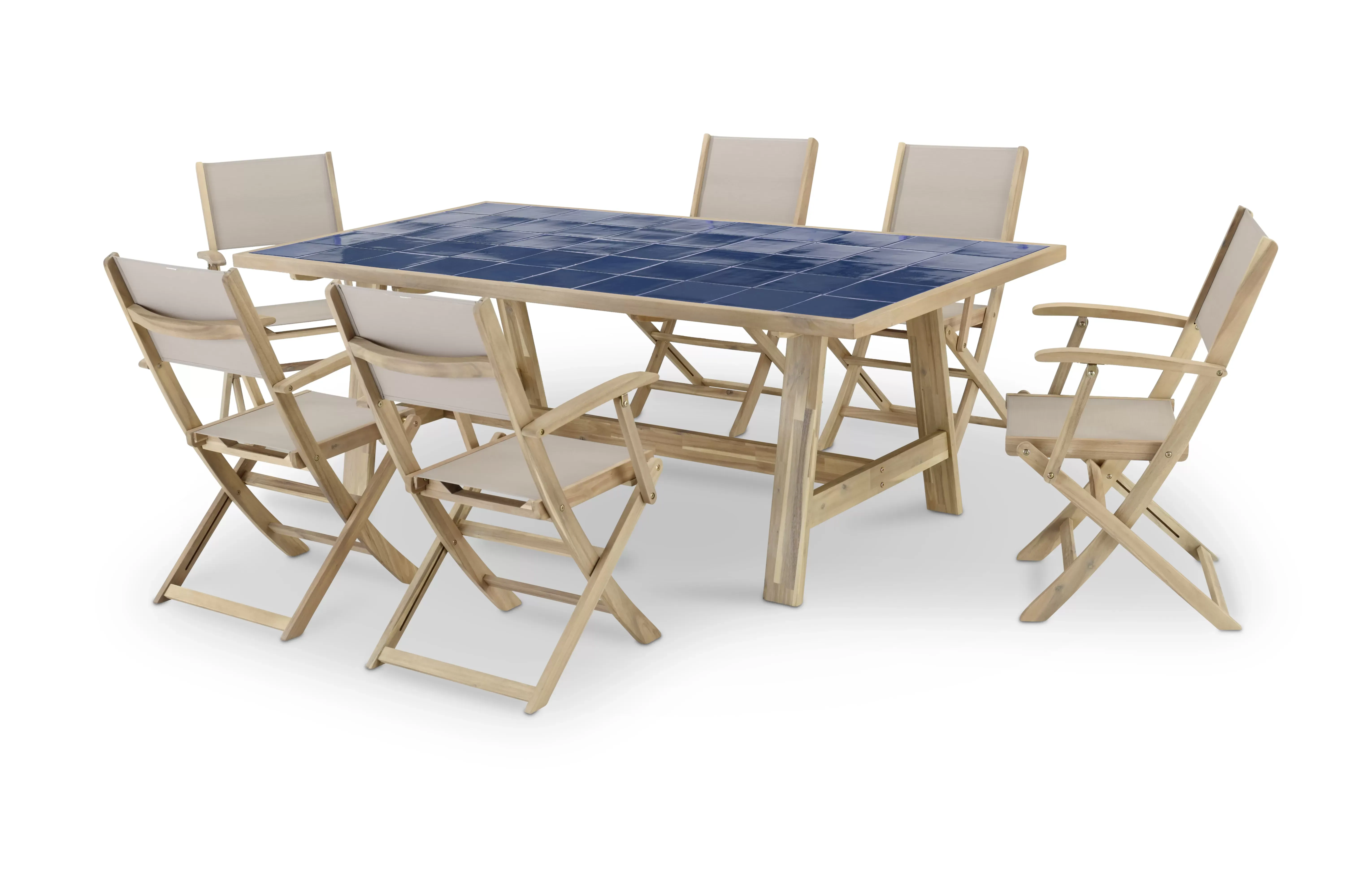 Ensemble table céramique bleue 205x105 et 6 chaises