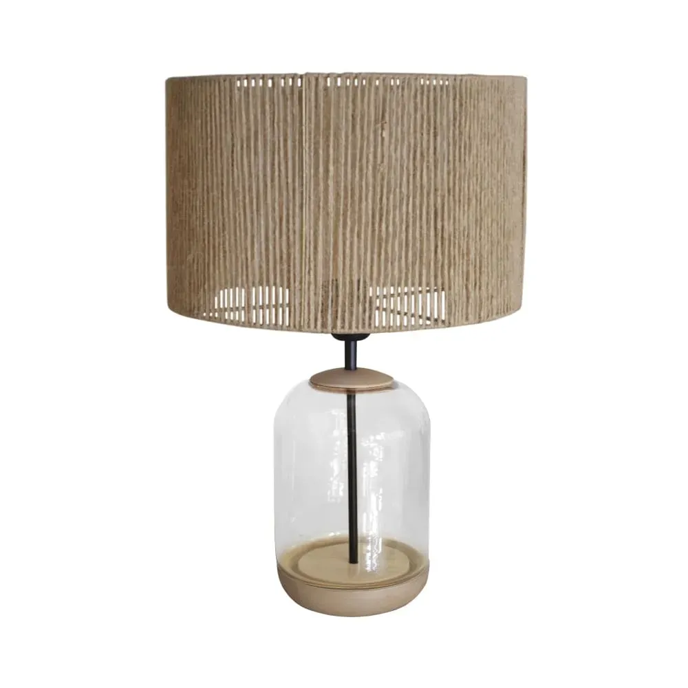 Lampe à poser verre transparent bois naturel Abat-jour ficelle beige