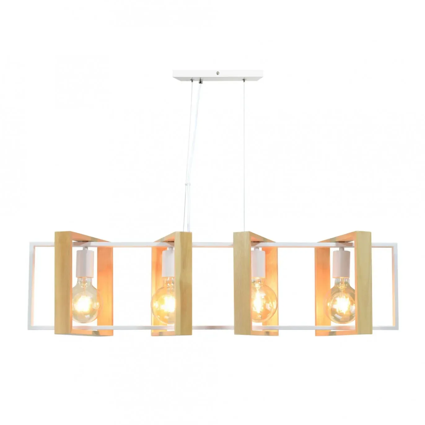 Suspension 4 lumières en métal blanc et bois naturel