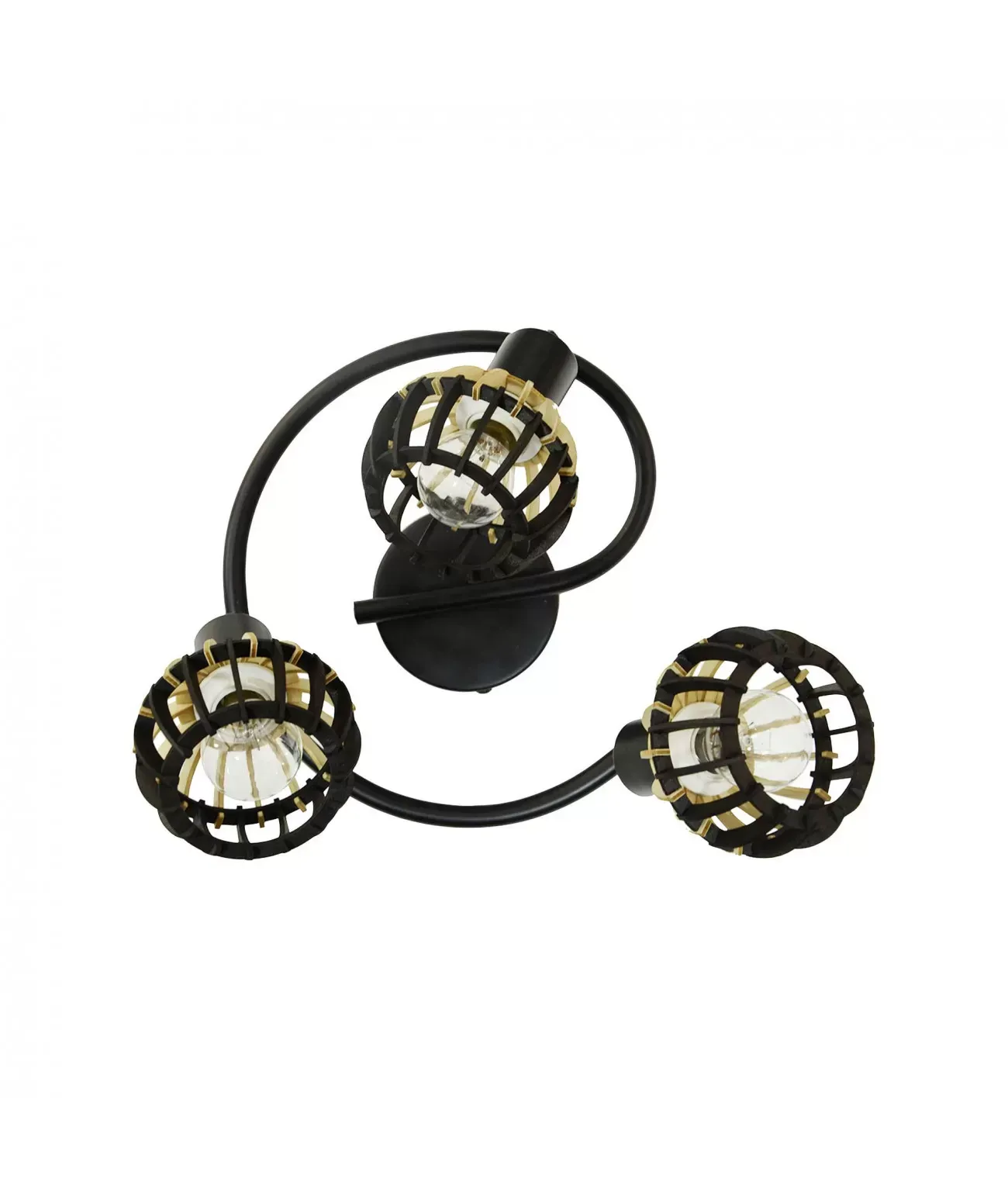 Plafonnier en bois naturel et noir, socle en métal noir