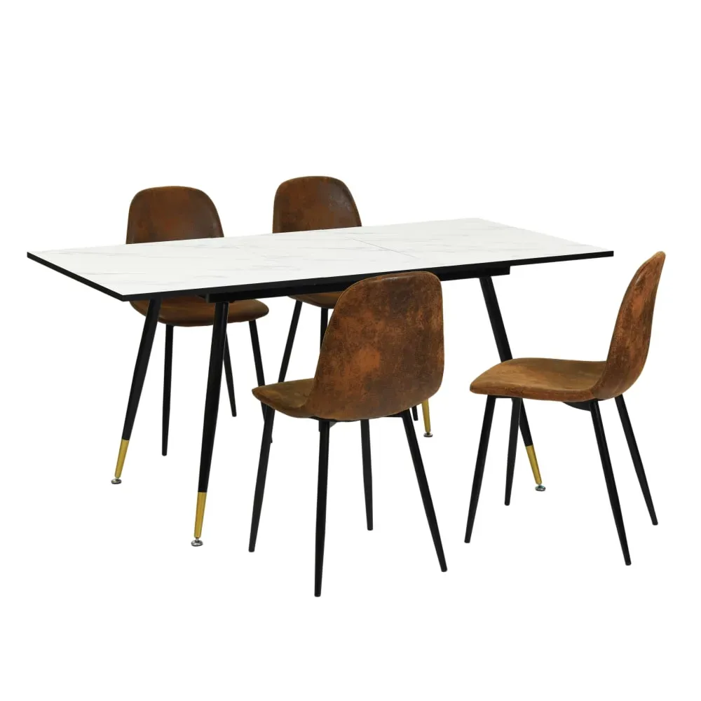 Table extensible effet marbre + 4 chaises marron