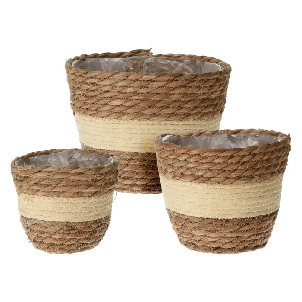 Lot de 3 pots de fleurs en paille avec intérieur imperméable