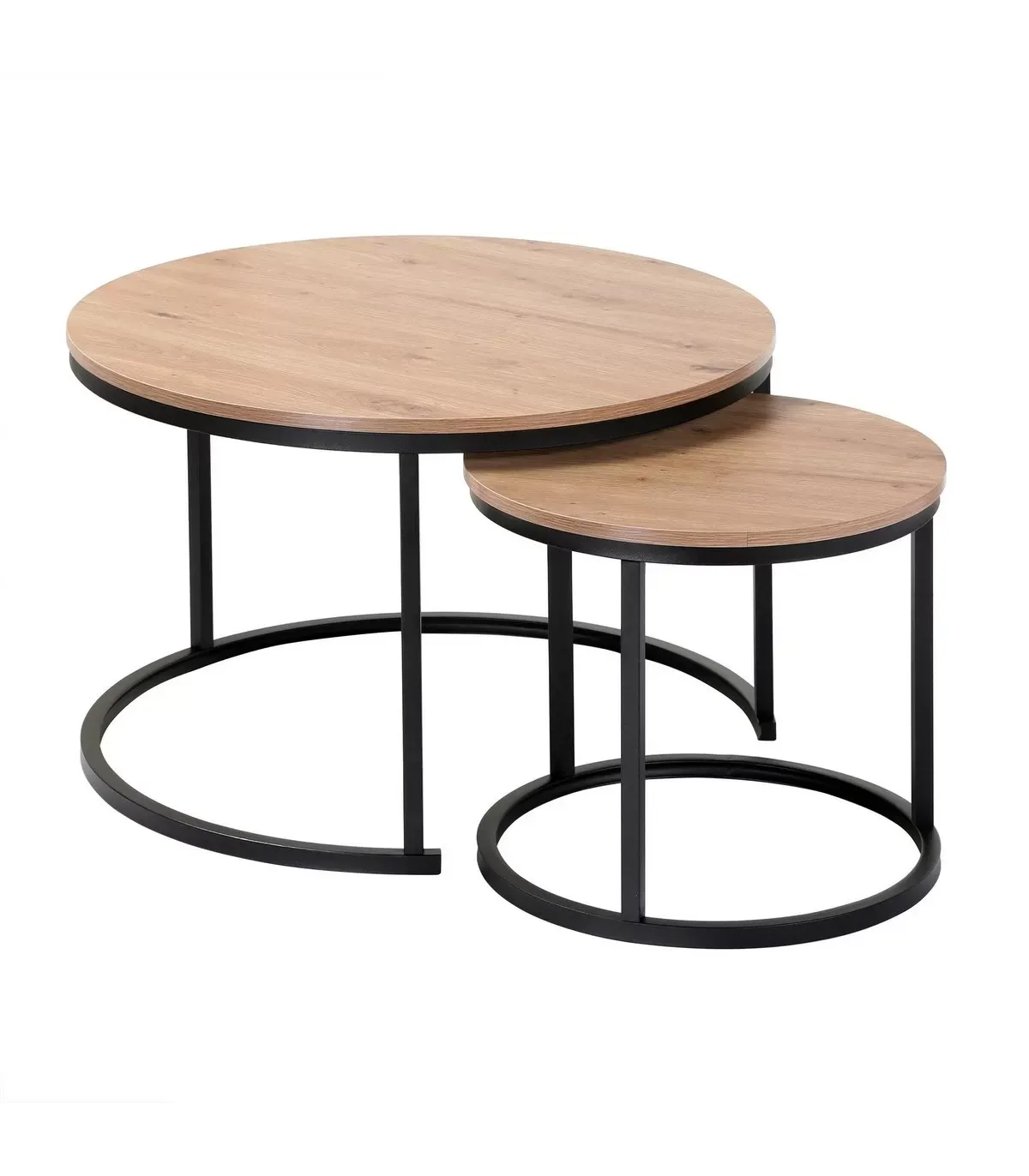Lot de 2 tables basses gigognes rondes - Effet Chêne et Noir