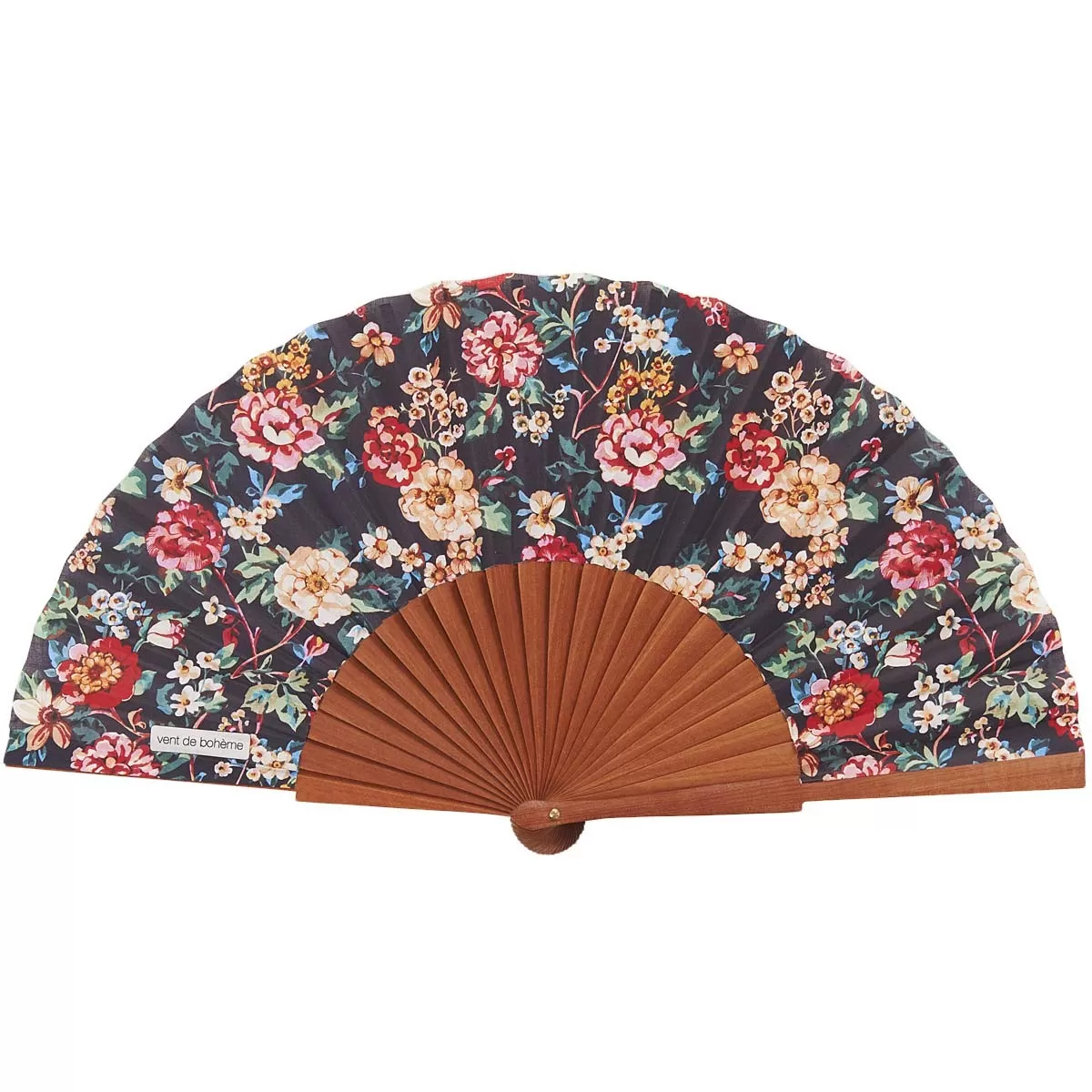 Eventail bois de merisier motif fleuri