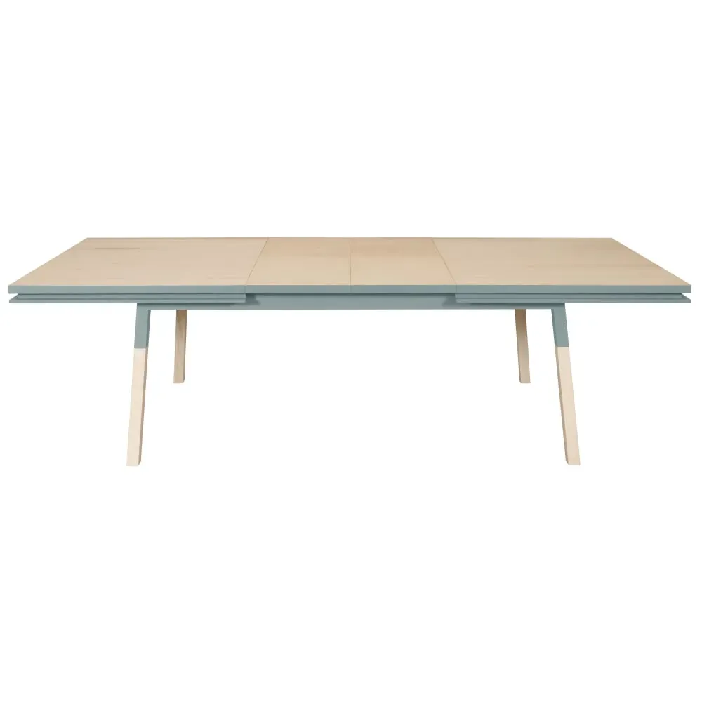 Table 200x100 cm en frêne massif, 2 rallonges bleu gris lehon