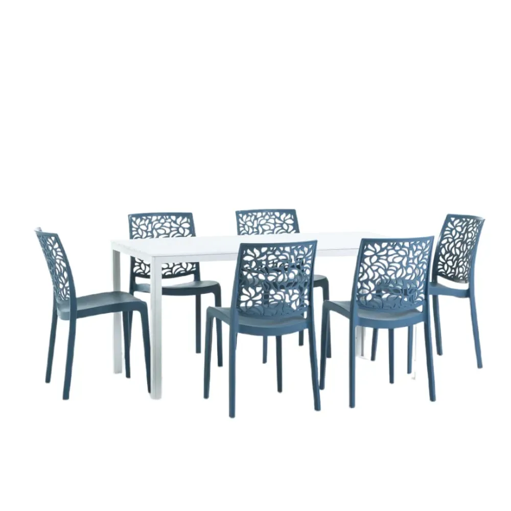 Ensemble table rectangulaire blanche et 6 chaises en résine bleu
