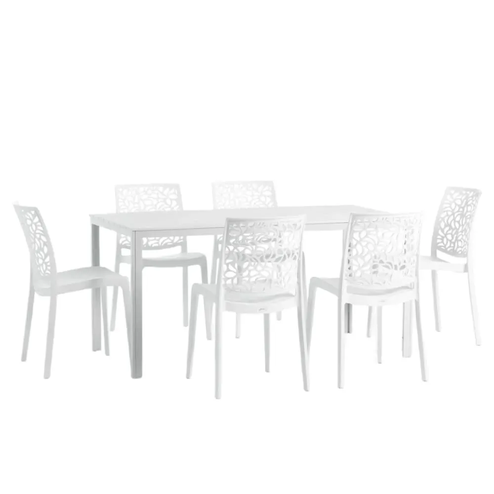 Ensemble table rectangulaire blanche et 6 chaises en résine blanches