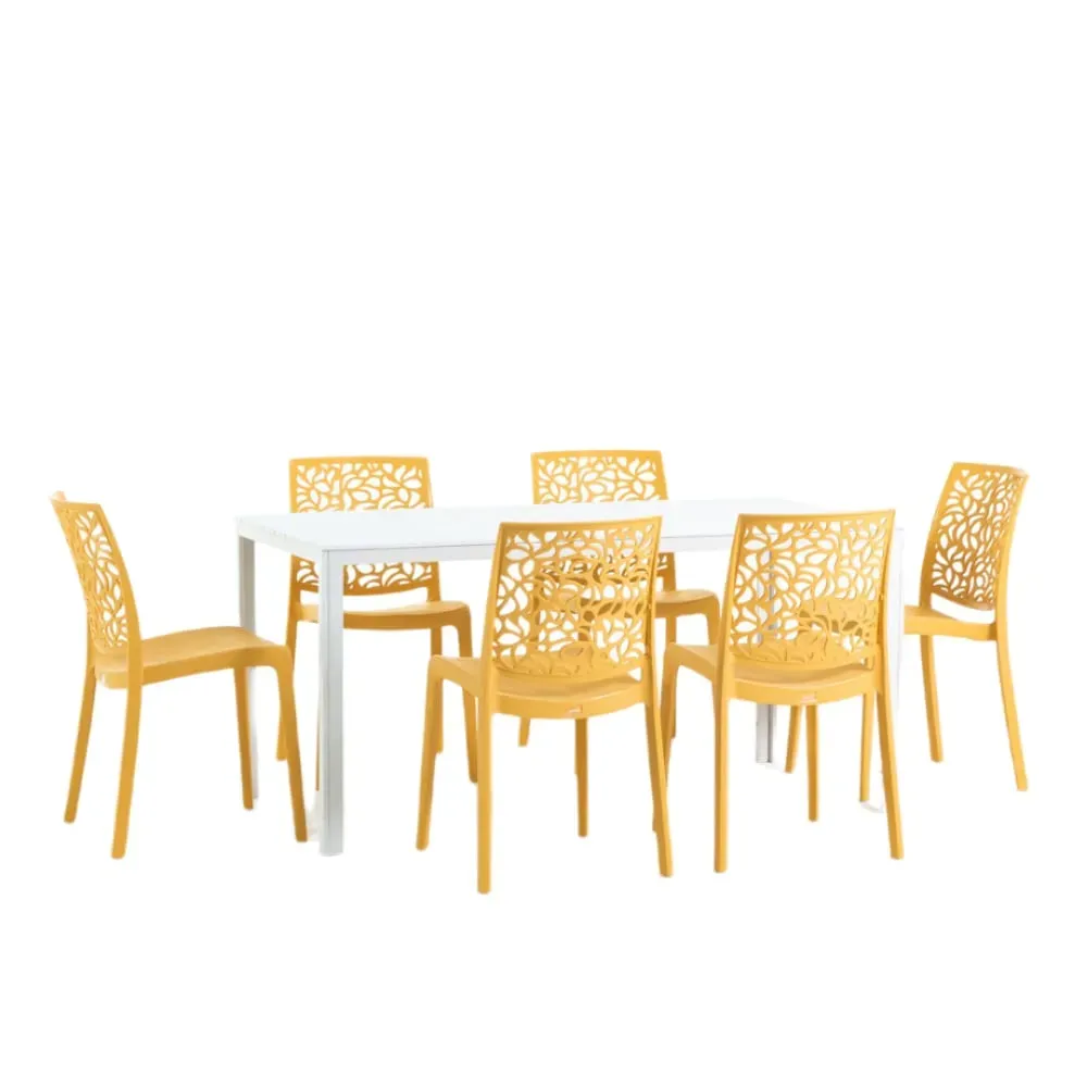 Ensemble table rectangulaire blanche et 6 chaises en résine juane