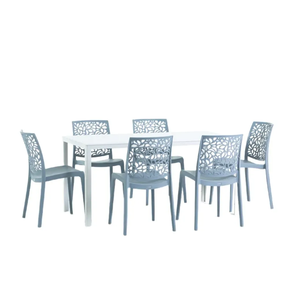 Ensemble table rectangulaire blanche et 6 chaises en résine ciment