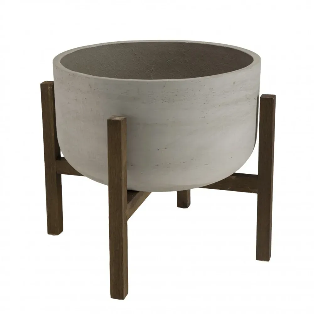 Pot de fleur rond en béton sur pieds en acacia marron