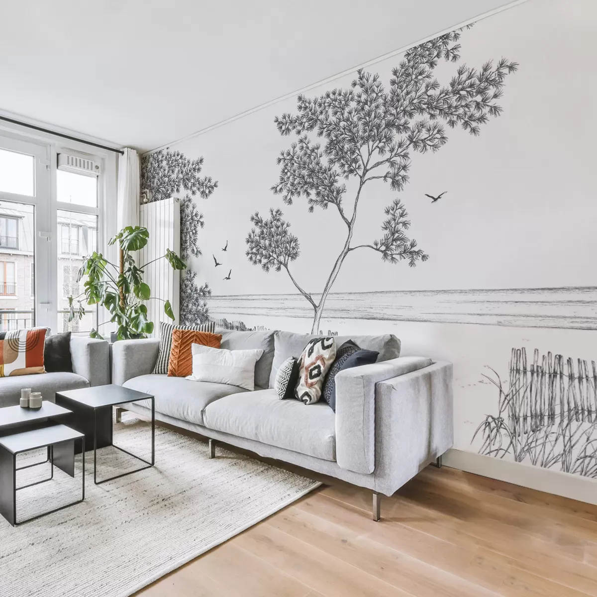 Papier peint panoramique balade en bord de mer gris 525x250cm