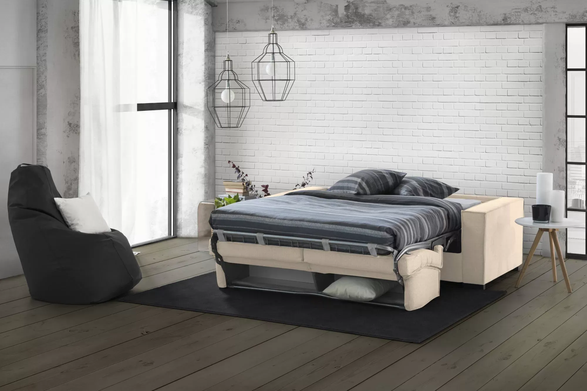 Canapé lit 3 places en tissu beige 220x95h90  cm