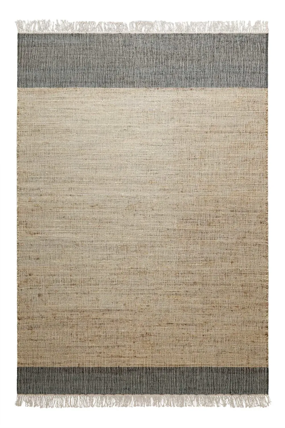 Tapis plat tissé main à franges rayé anthracite et beige sable 160x230