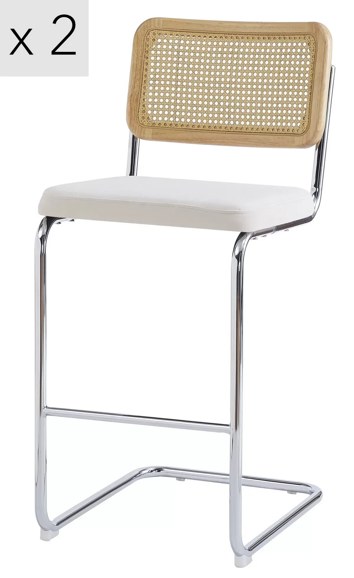Lot de 2 tabourets de bar en métal et cannage tissu beige