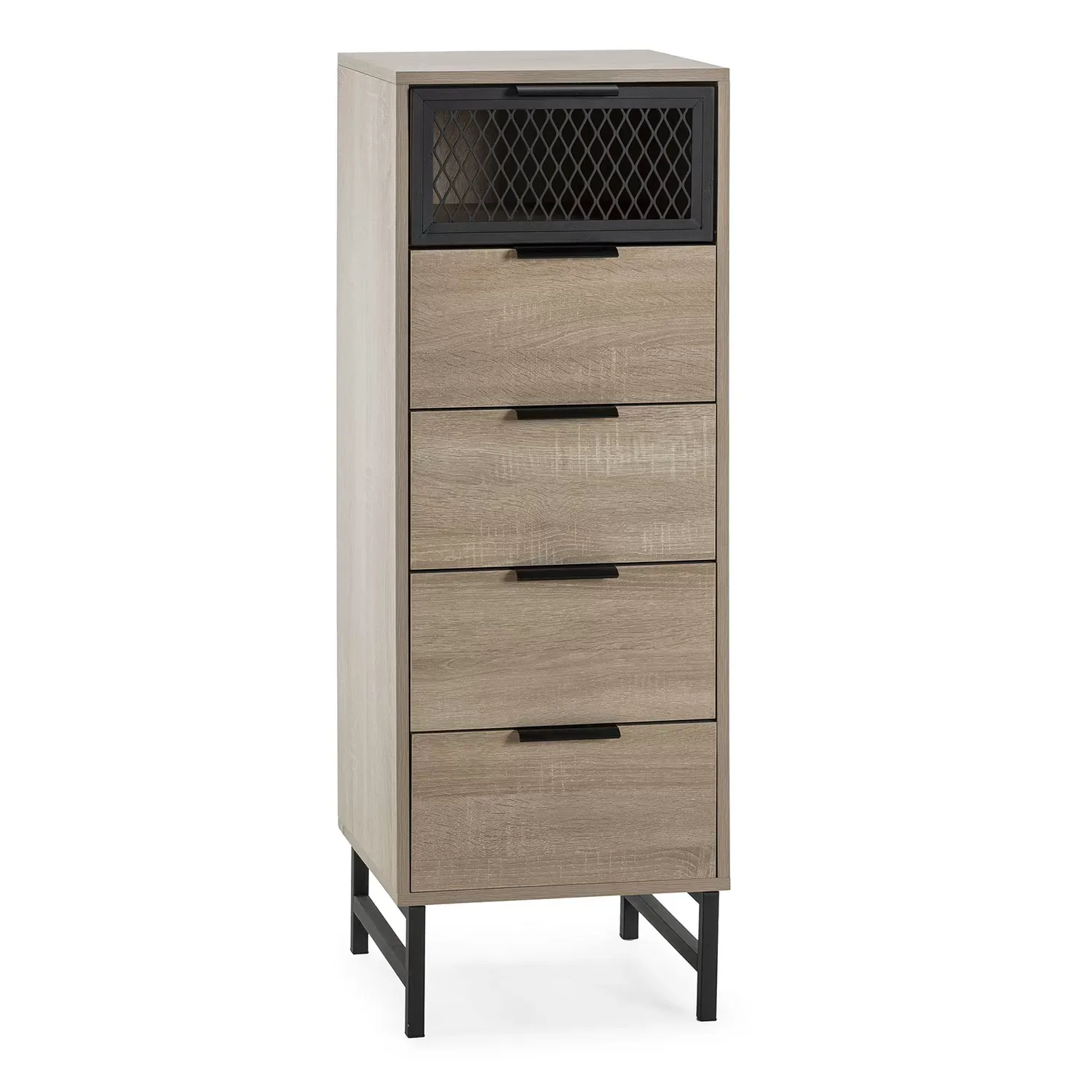 Commode haute 4 tiroirs 1 porte coloris bois