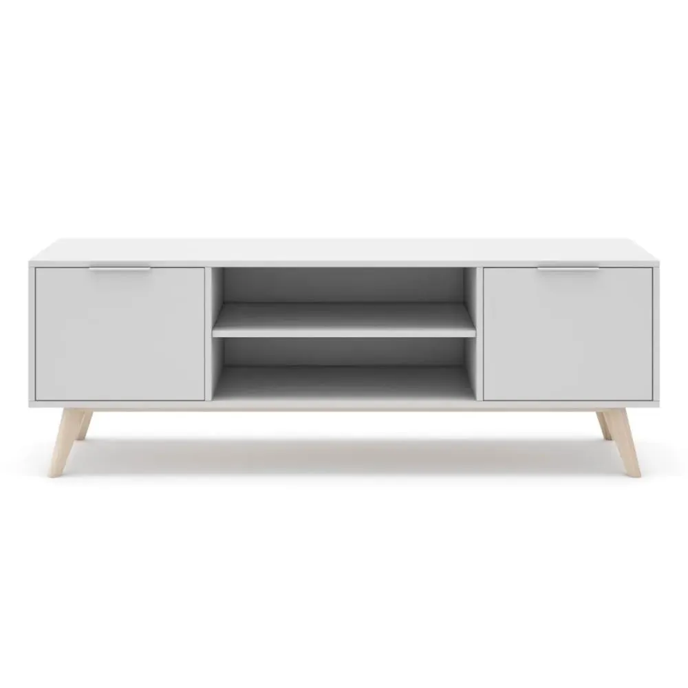 Meuble TV 2 portes 2 niches blanc et pin massif - L140 cm