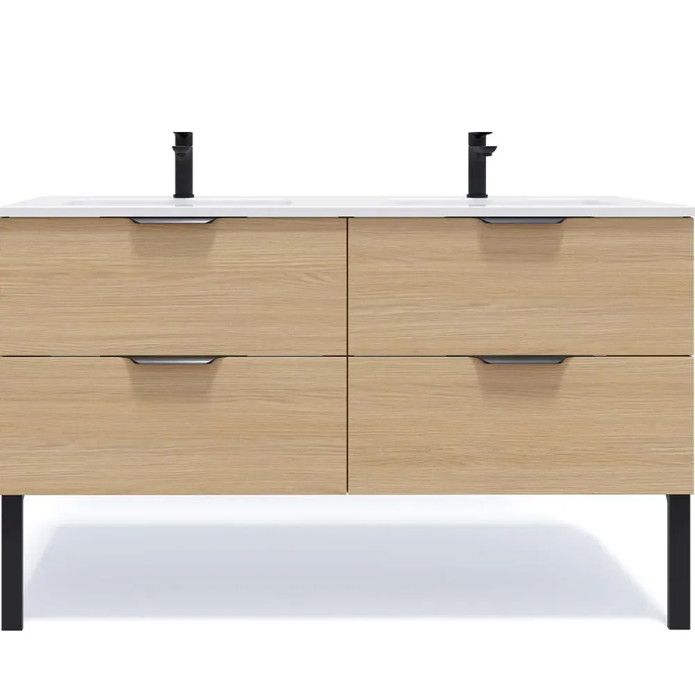 Meuble salle de bain double vasque 140cm 4 tiroirs Chêne