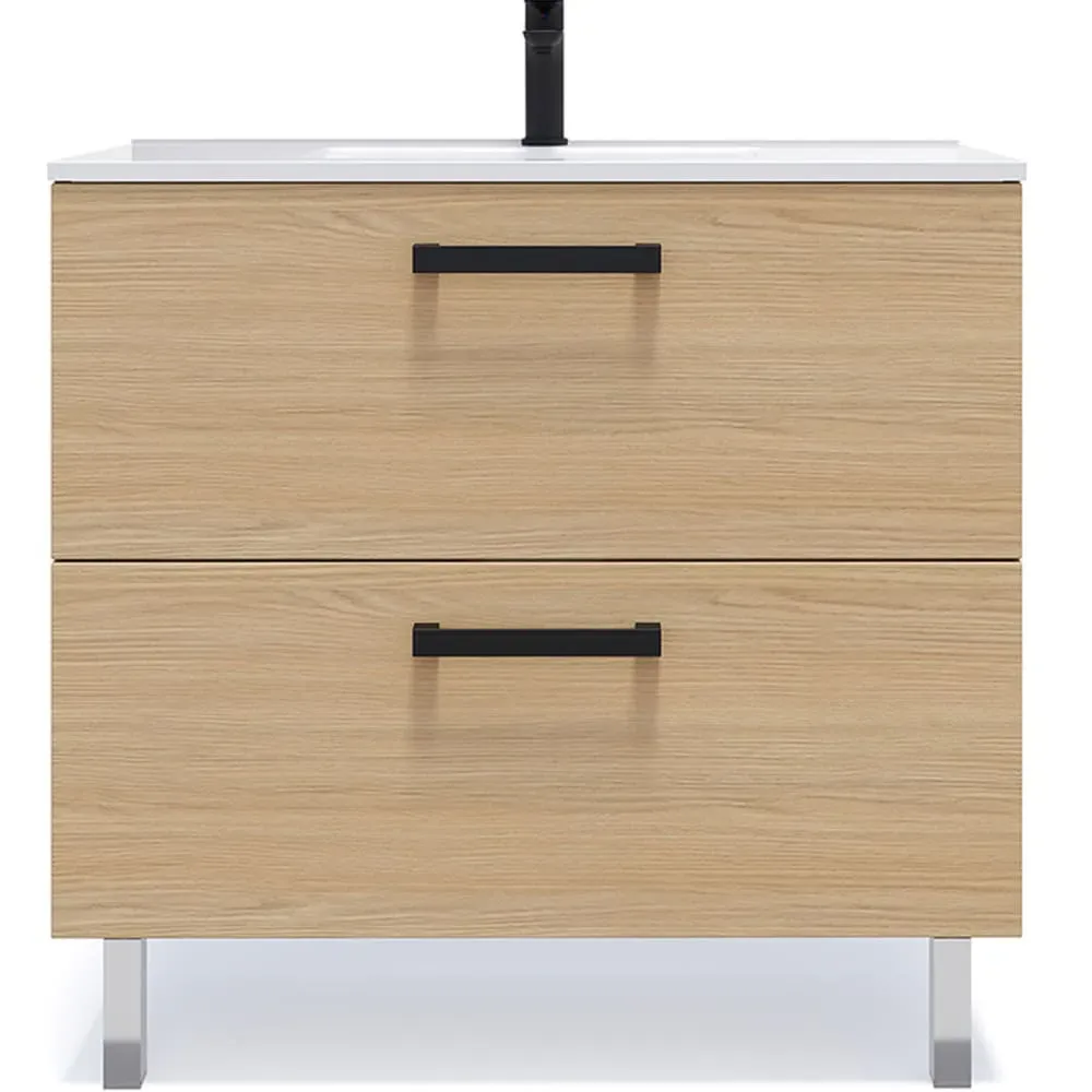 Meuble salle de bain vasque intégrée 90cm 2 tiroirs Chêne