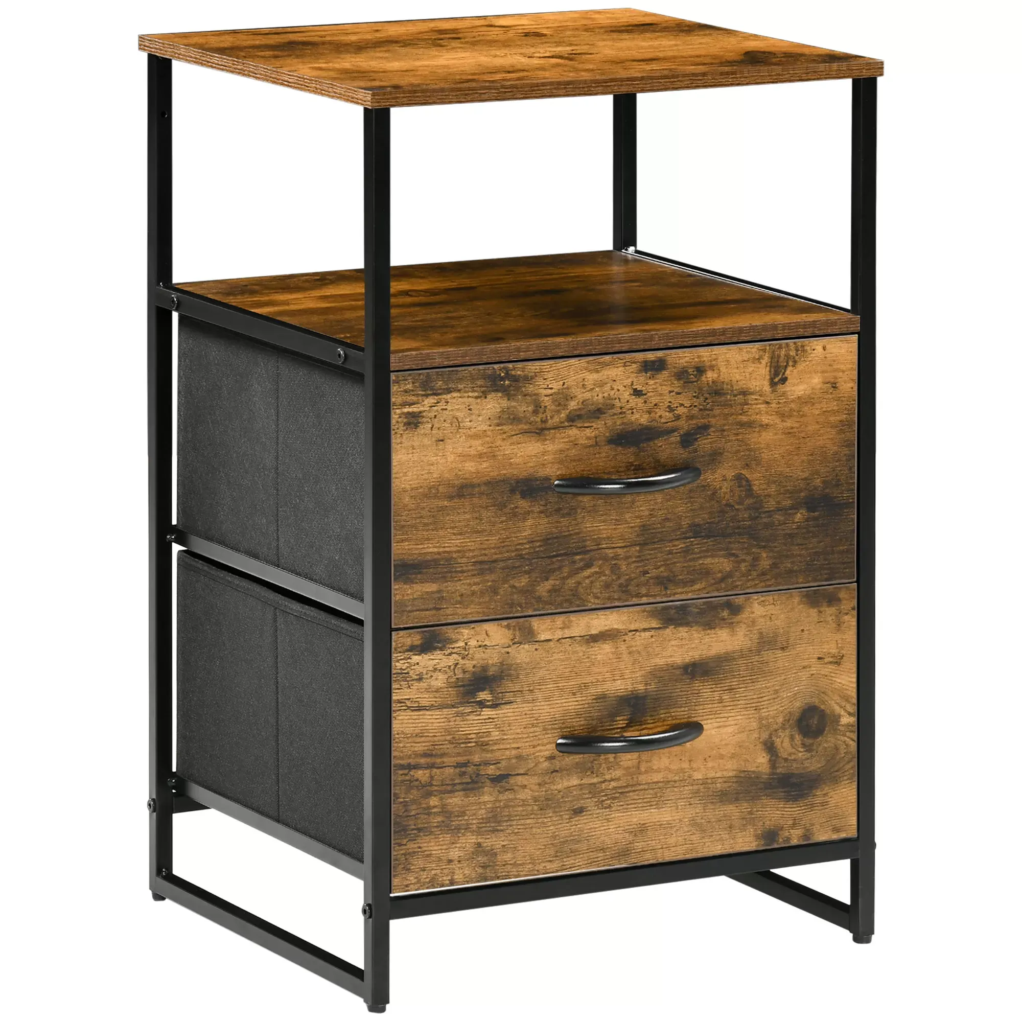 Chiffonnier design industriel 2 tiroirs, niche acier noir aspect bois