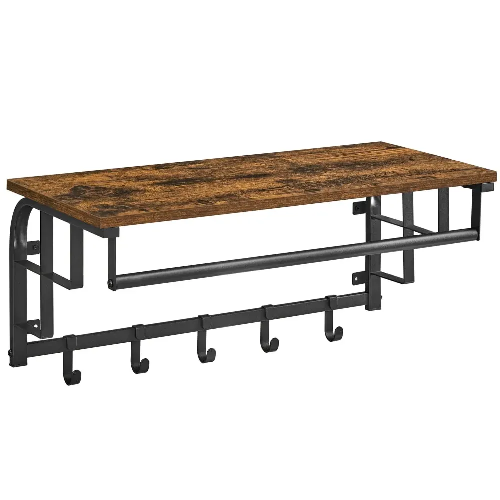 Porte-manteau mural avec 5 crochets amovibles marron rustique et noir