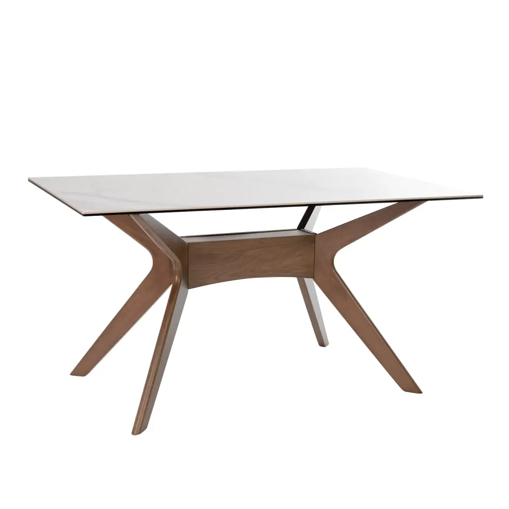 Table 140 avec plateau en porcelaine blanche et pieds en noyer