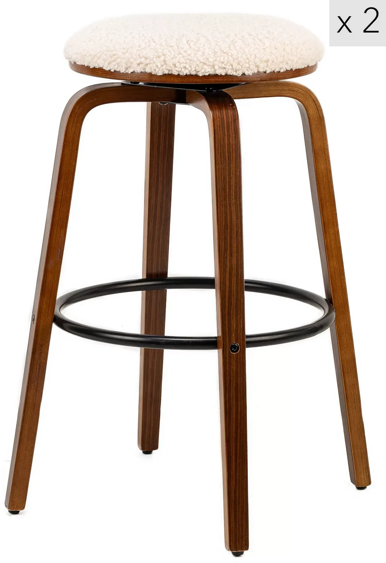 Lot de 2 tabourets de bar en frêne et bouclettes blanches