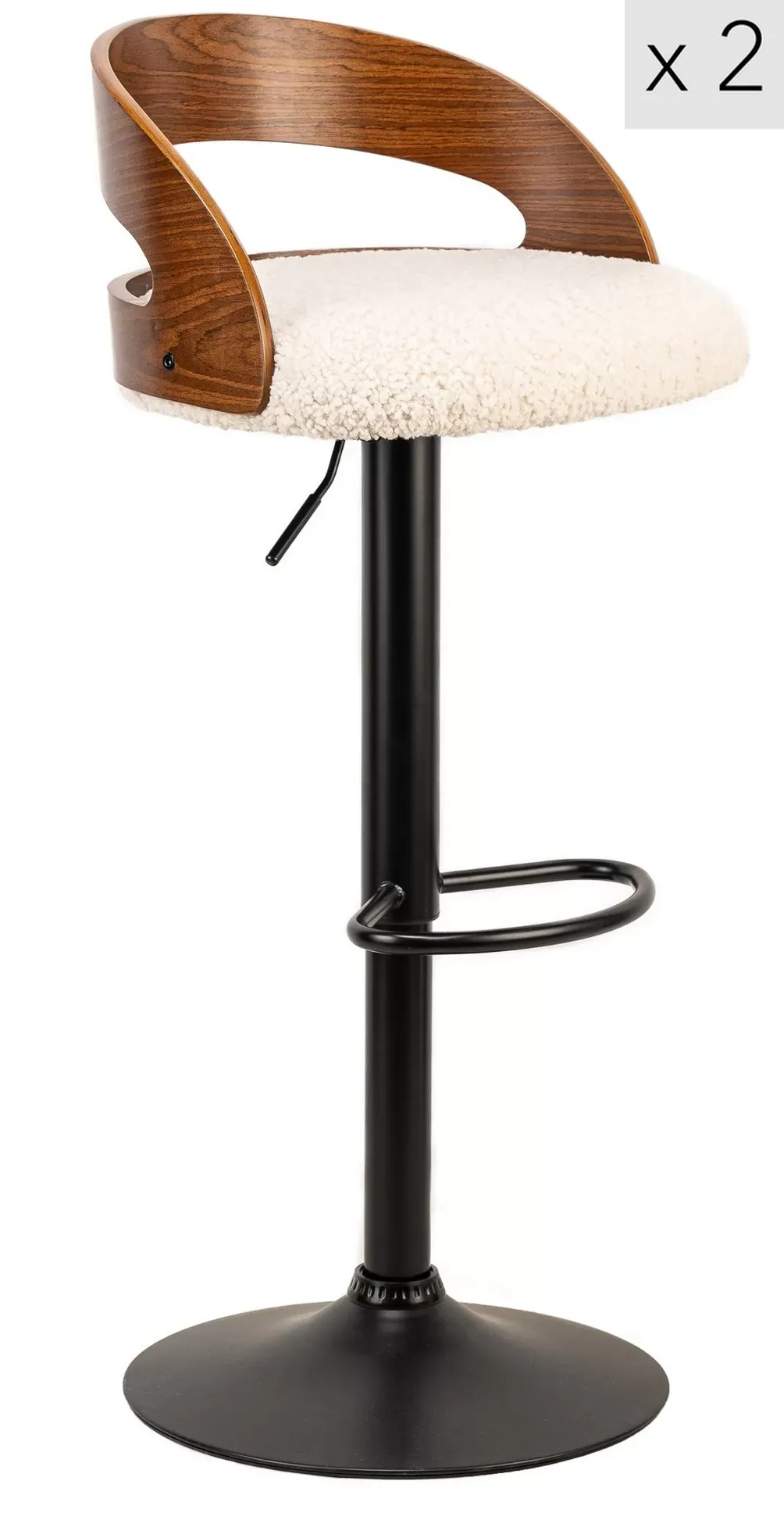 Lot de 2 tabourets de bar en frêne et bouclettes blanches