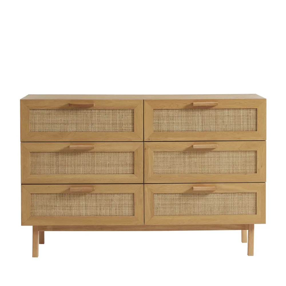 Commode 6 tiroirs en bois et cannage L130cm - Bois clair