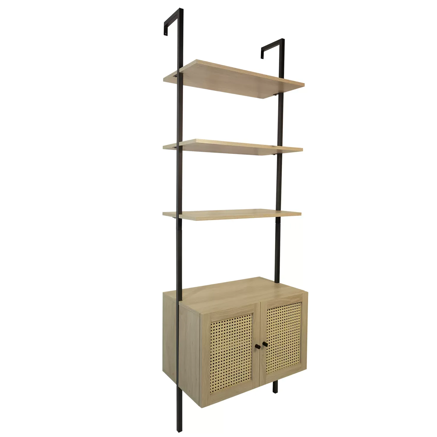 Étagère murale en métal noir et bois 2 portes cannage 60x35x184 cm