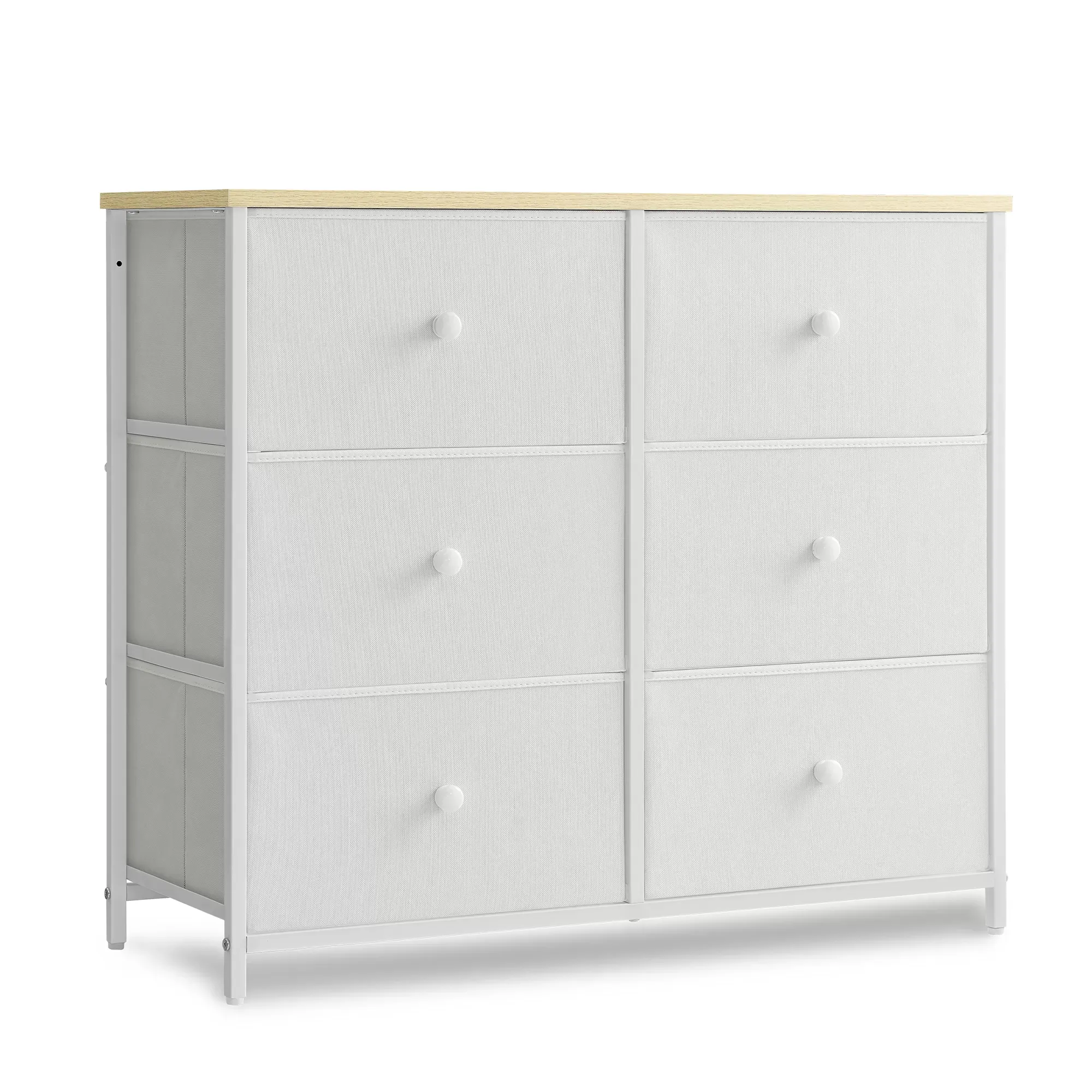 Commode avec 6 tiroirs en tissu blanc et couleur boisée