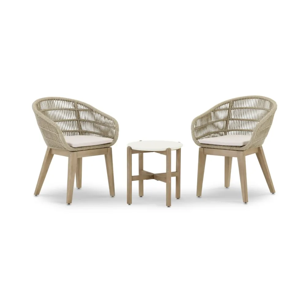 Set  2 chaises en corde beige et table d’appoint en terrazzo