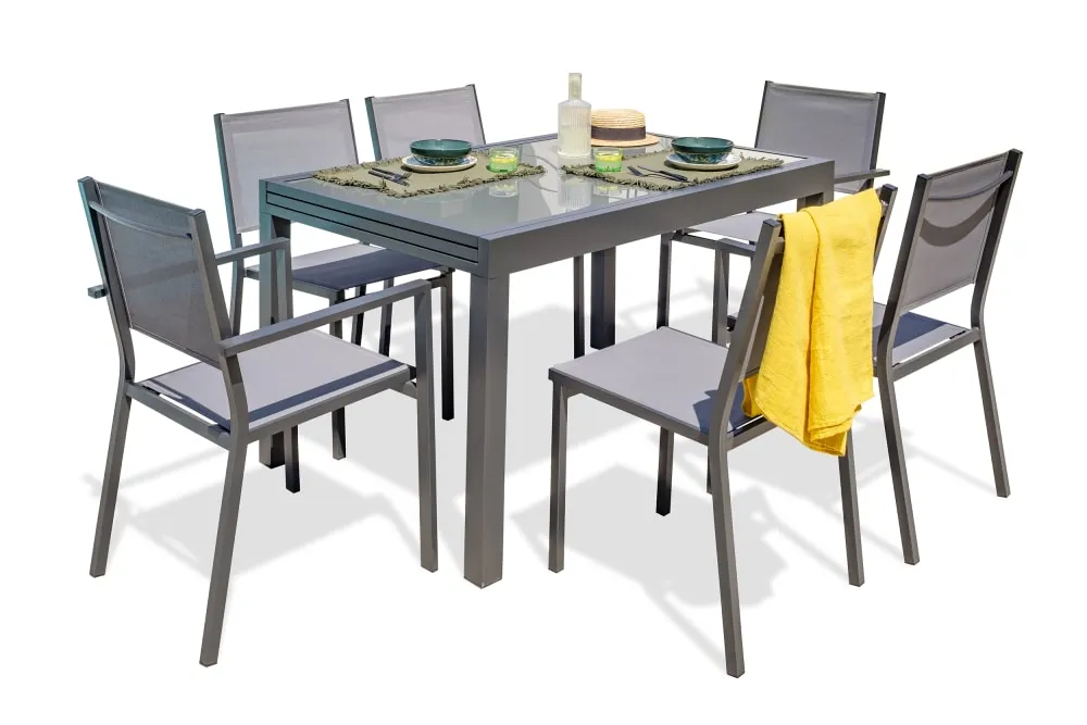 Ensemble repas 6 places en aluminium et plateau verre