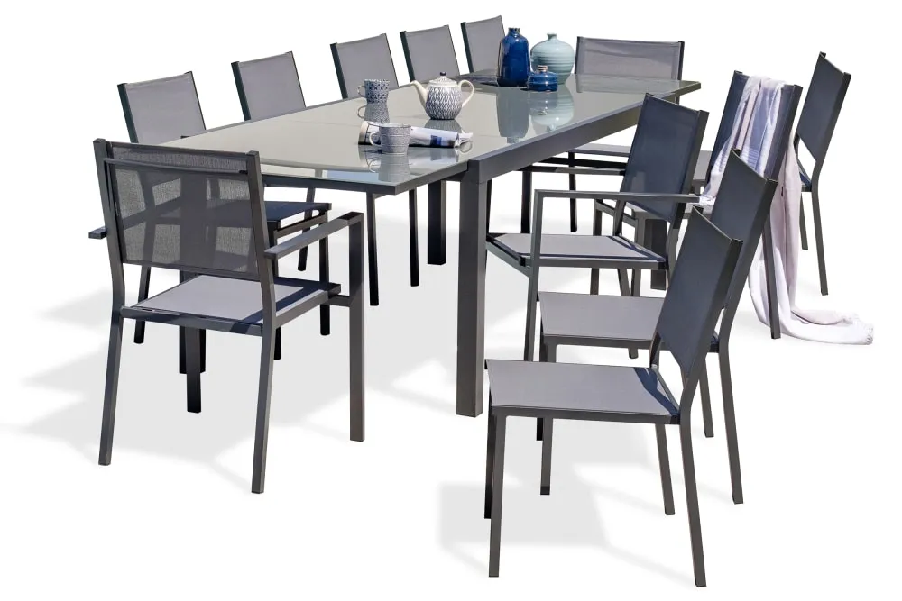 Ensemble repas 12 places en aluminium et plateau verre
