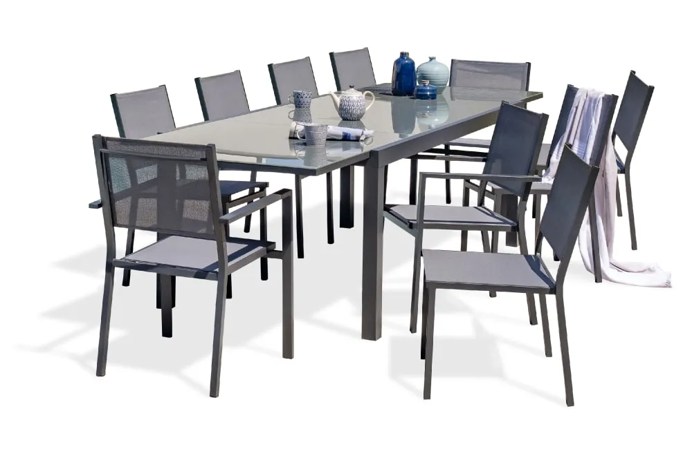 Ensemble repas 10 places en aluminium et plateau verre