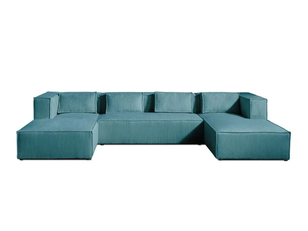 Canapé panoramique 7 places en u en velours côtelé bleu canard