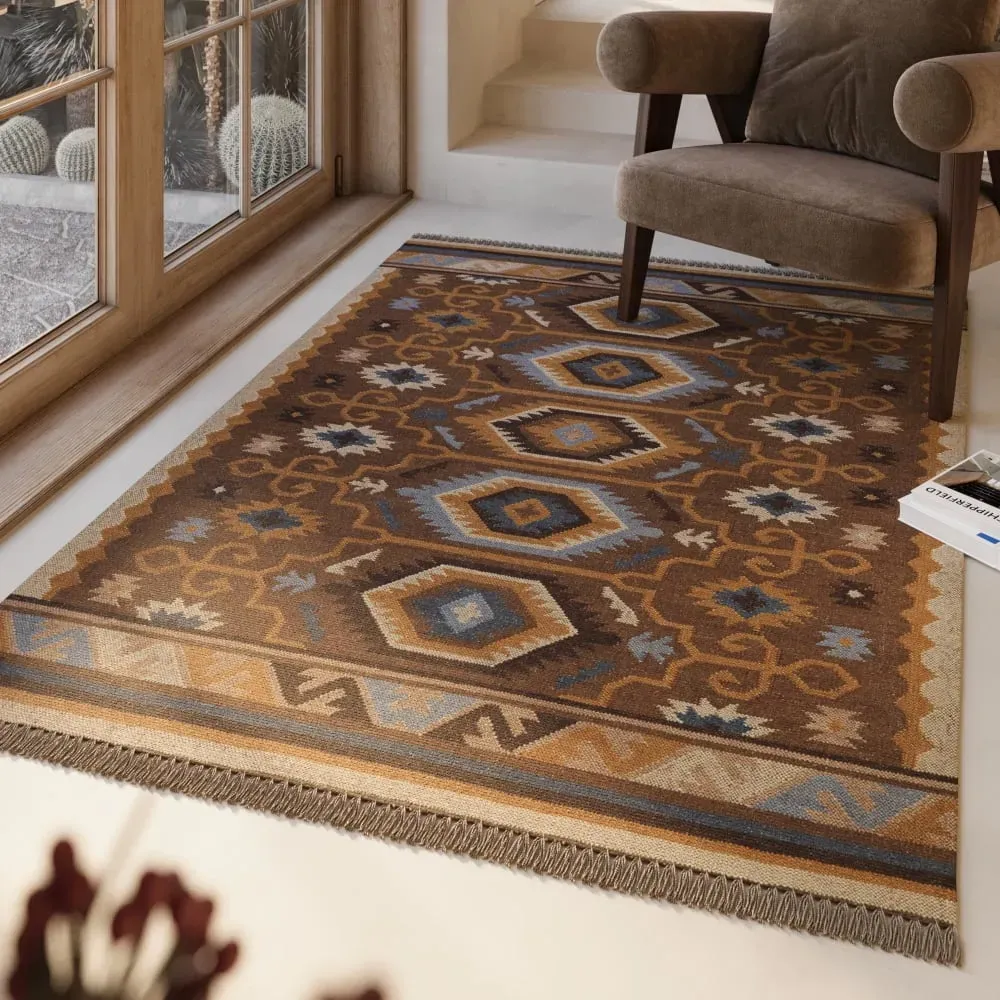 Tapis kilim laine vintage motif ethnique chic multicolore 140x200