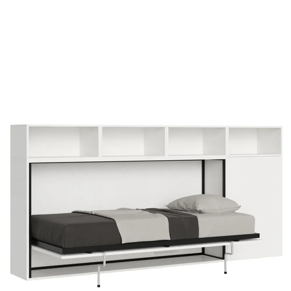 Lit escamotable horizontal 1 couchage effet bois frêne blanc