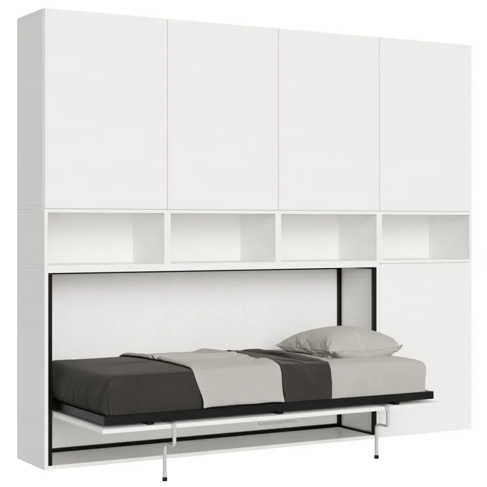 Lit escamotable horizontal 1 couchage effet bois frêne blanc
