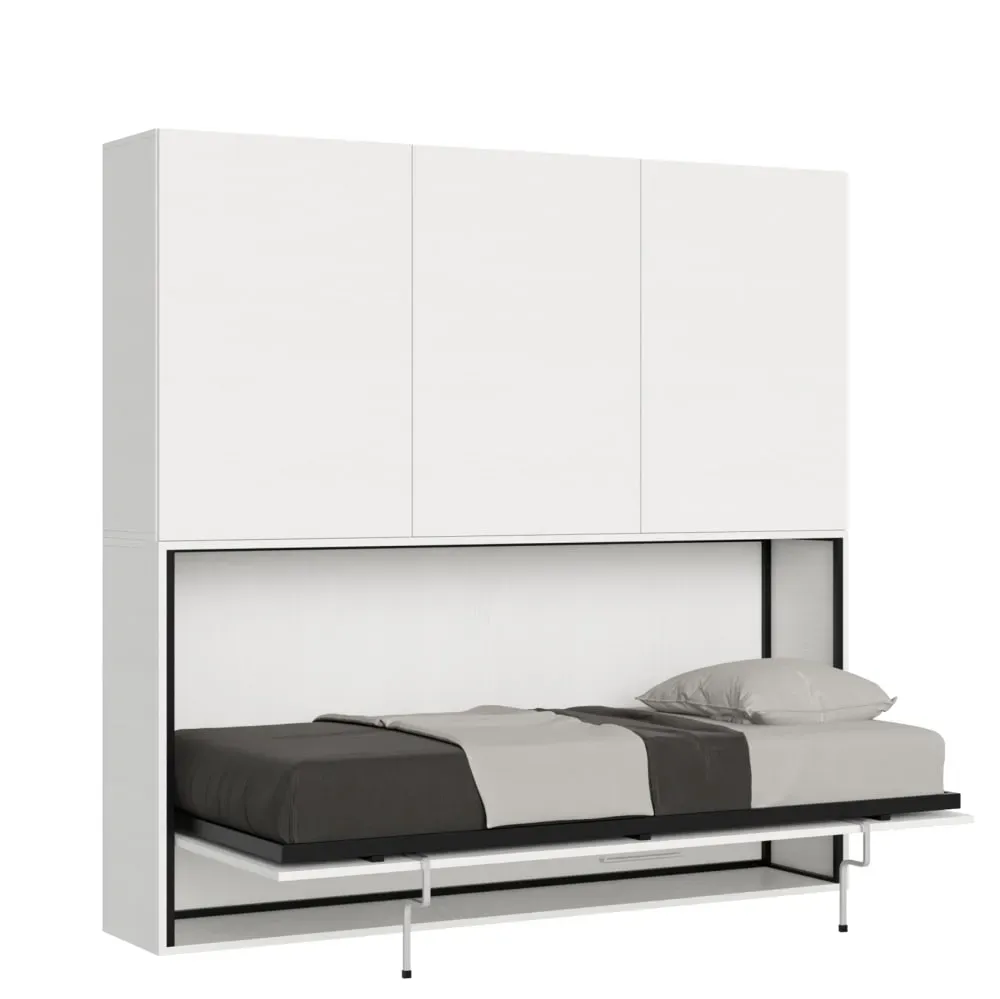 Lit escamotable horizontal 1 couchage effet bois frêne blanc