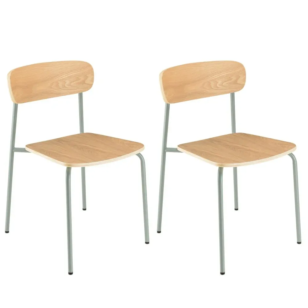 Lot de 2 chaises « écolier » bois de frêne pieds acier vert d’eau