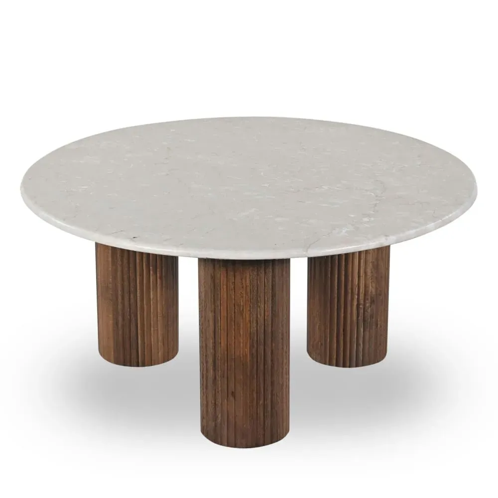 Table basse en marbre et bois massif ø80cm - Blanc ivoire