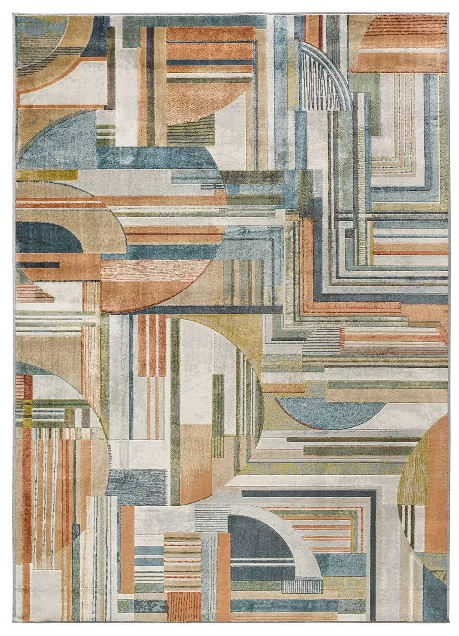 Tapis en viscose géométrique beige/bleu/rouille  135x195 cm