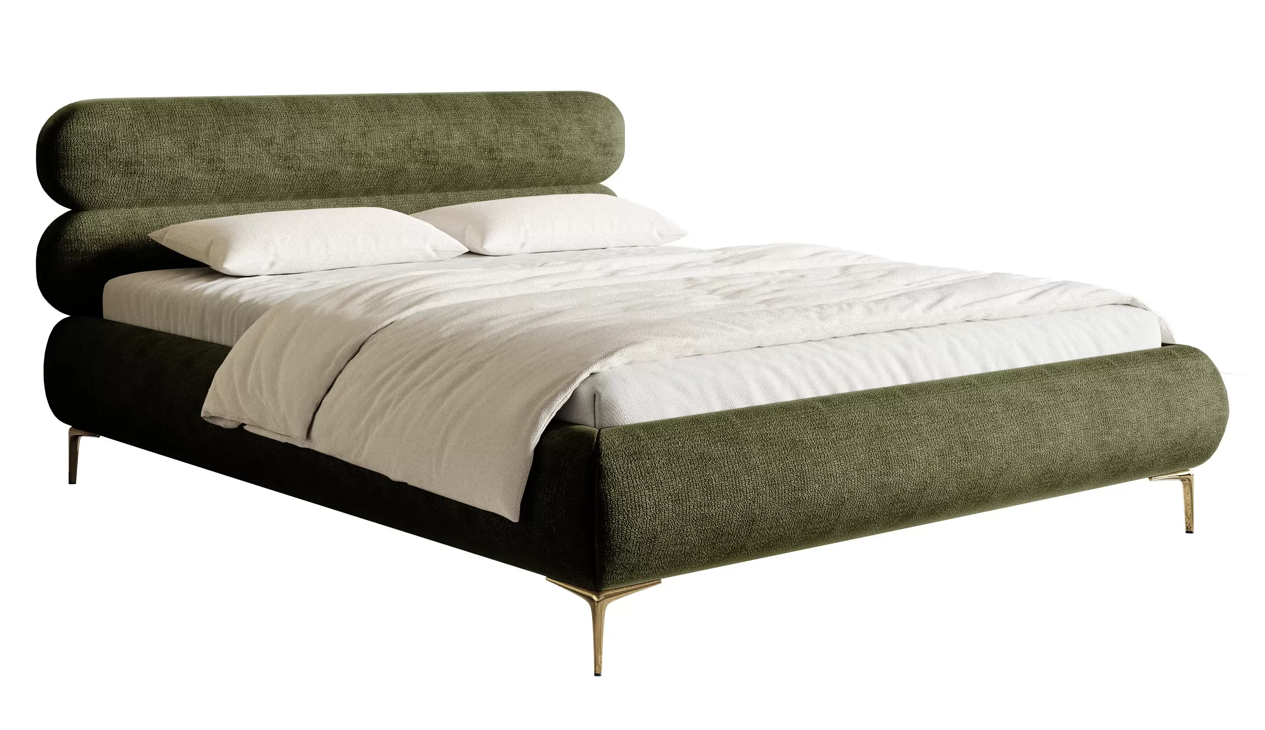 Lit double 140x200 en tissu chenille olive aux pieds dorés