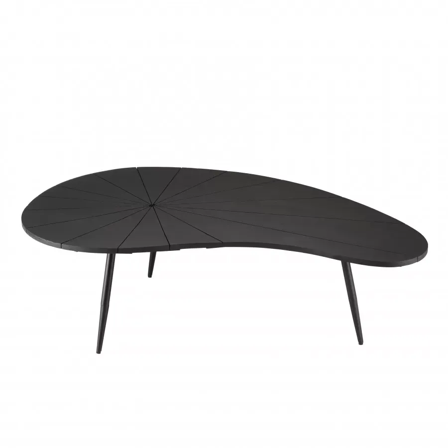 Table basse ovoïde plateau texturé noir mat pieds en fer noir