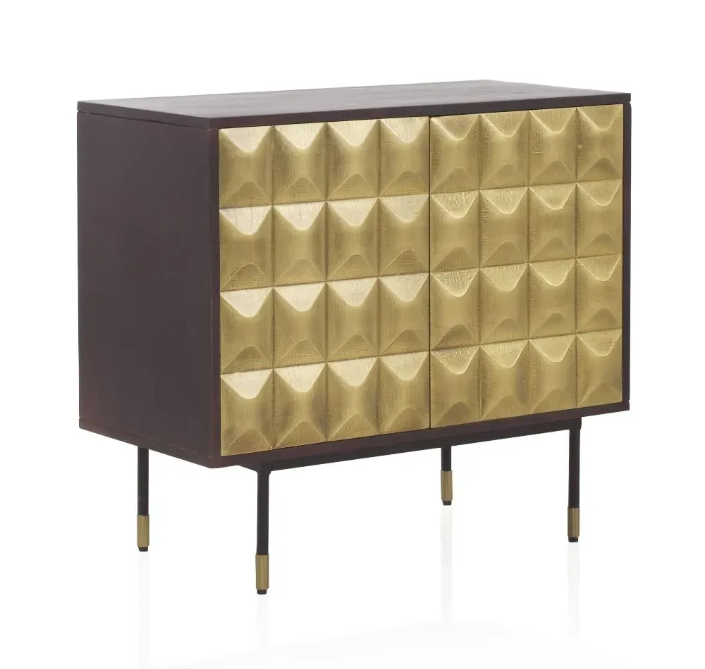 Buffet 2 portes en manguier massif avec façade en laiton doré