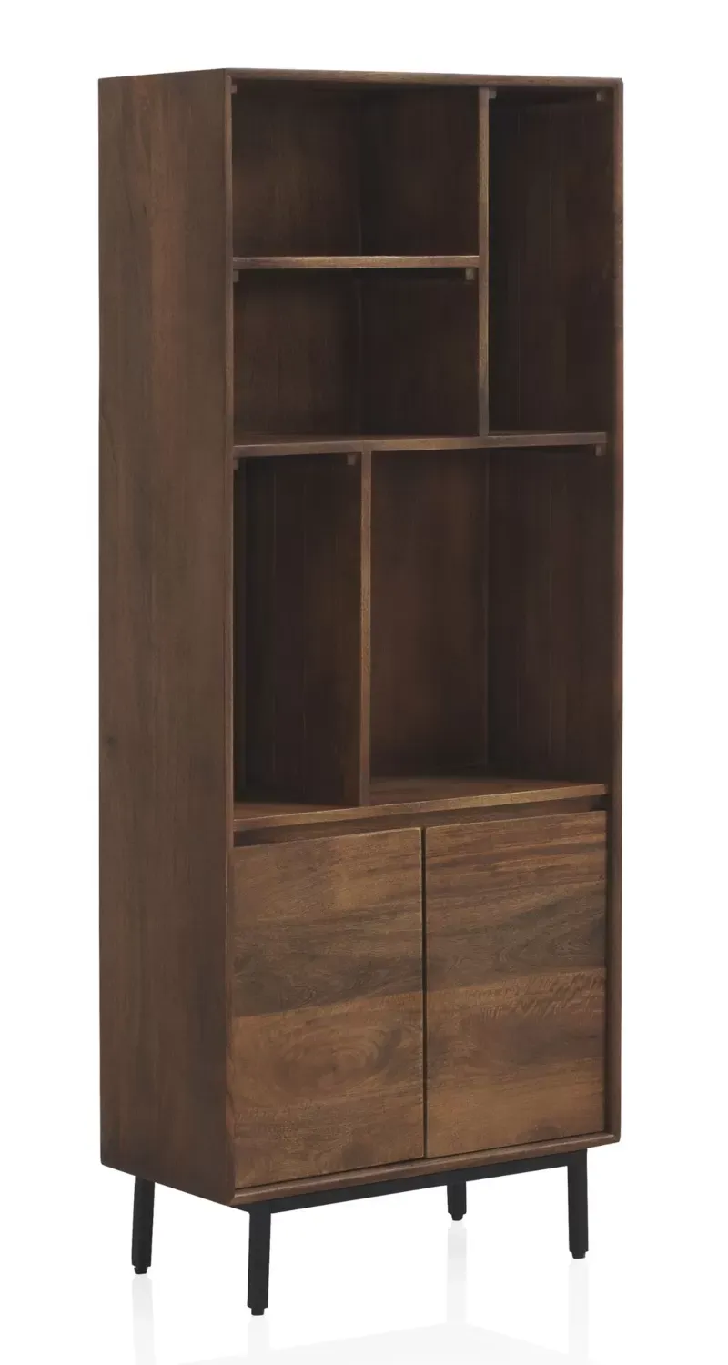 Bibliothèque avec 2 portes en bois de manguier massif et base en métal