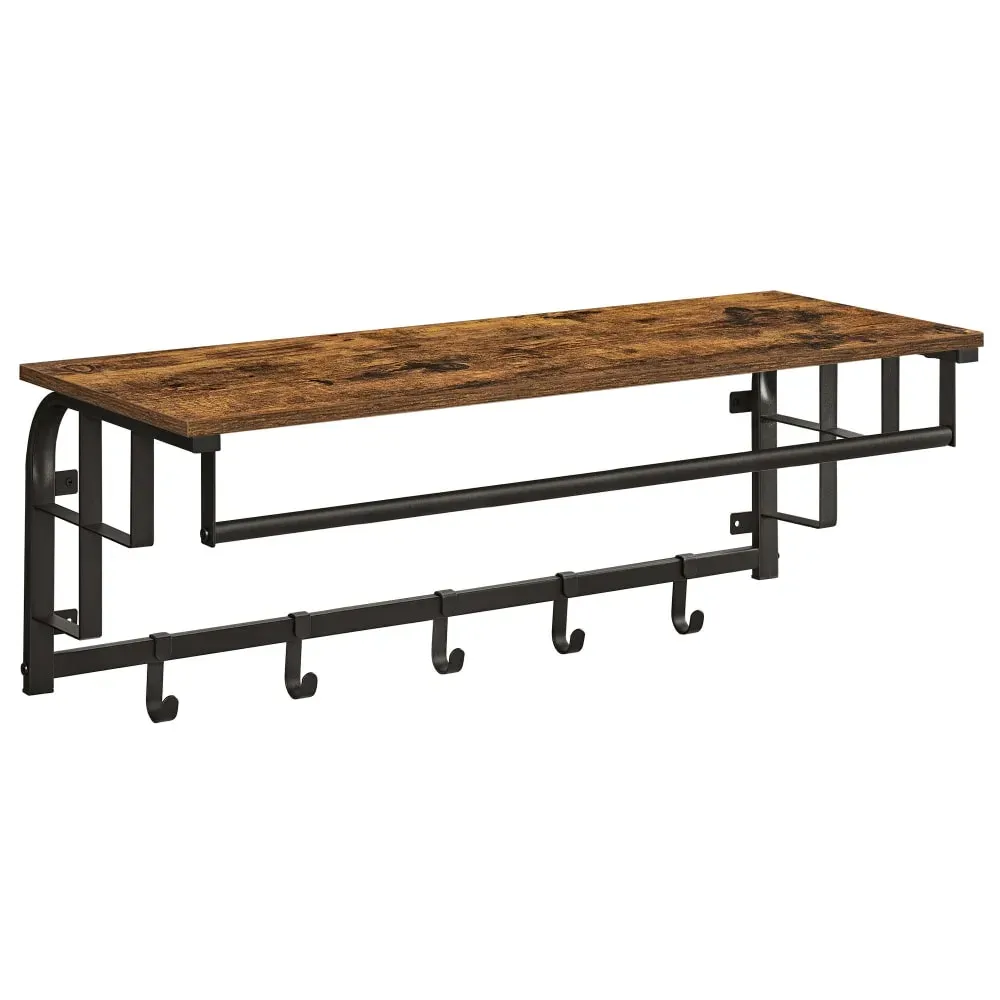 Étagère murale avec 5 crochets amovibles 30 x 80 x 27 cm marron